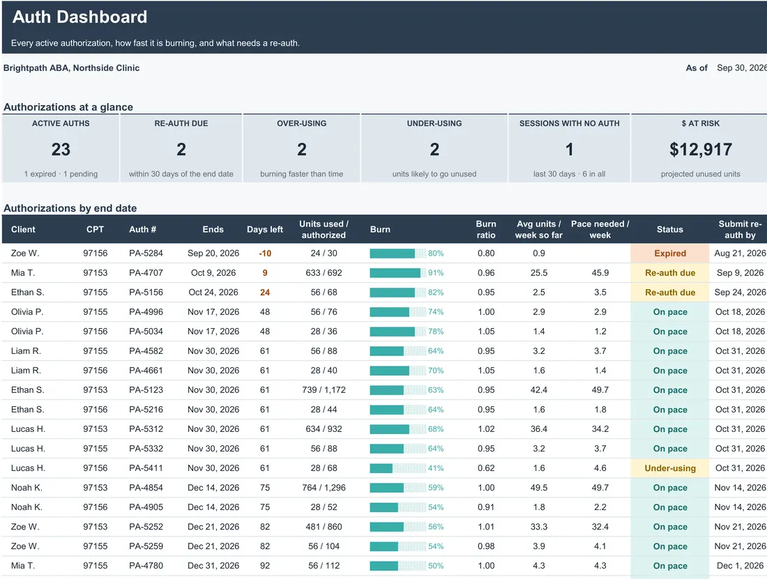 ABA Authorization Tracker — the workbook open in Excel