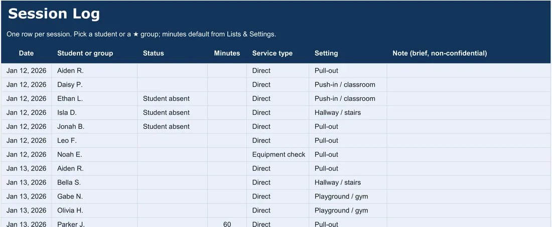 School PT Caseload Tracker screenshot