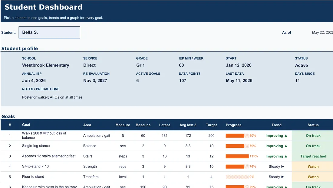 Gross Motor Data Tracker for School PT — the workbook open in Excel