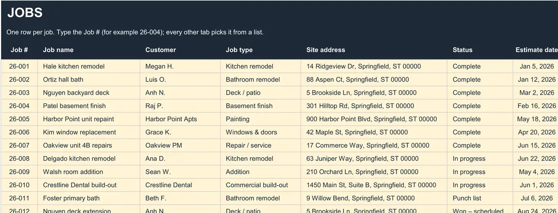 Contractor Job Costing Spreadsheet screenshot