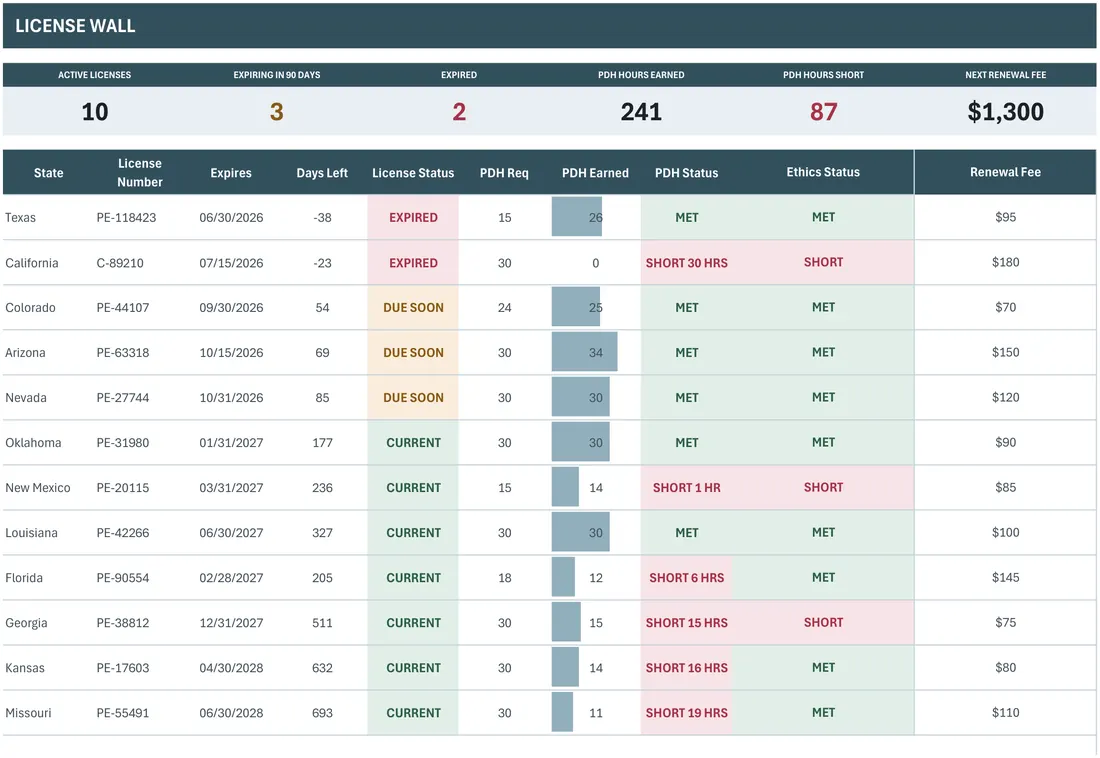 Multi-State PE License and PDH Tracker — the workbook open in Excel