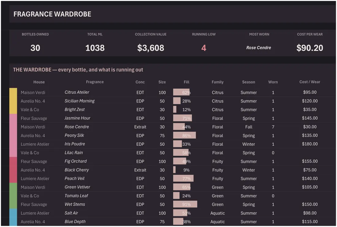 Perfume Collection Tracker — the workbook open in Excel