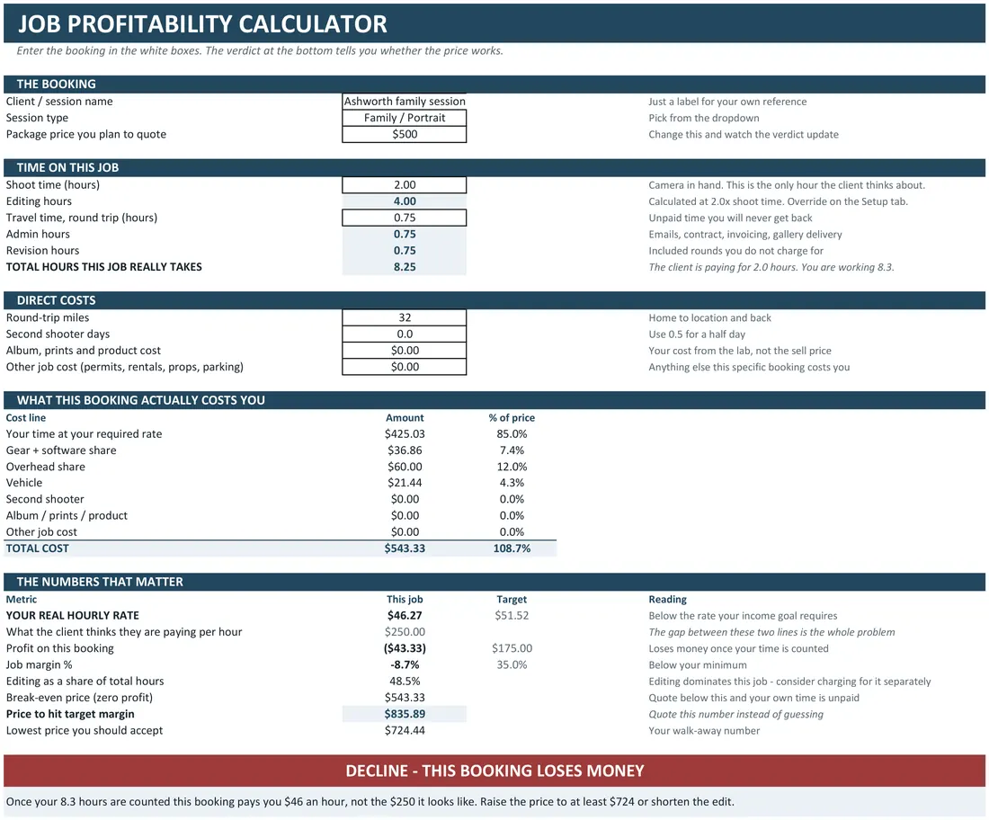 Photography Job Profit Calculator screenshot