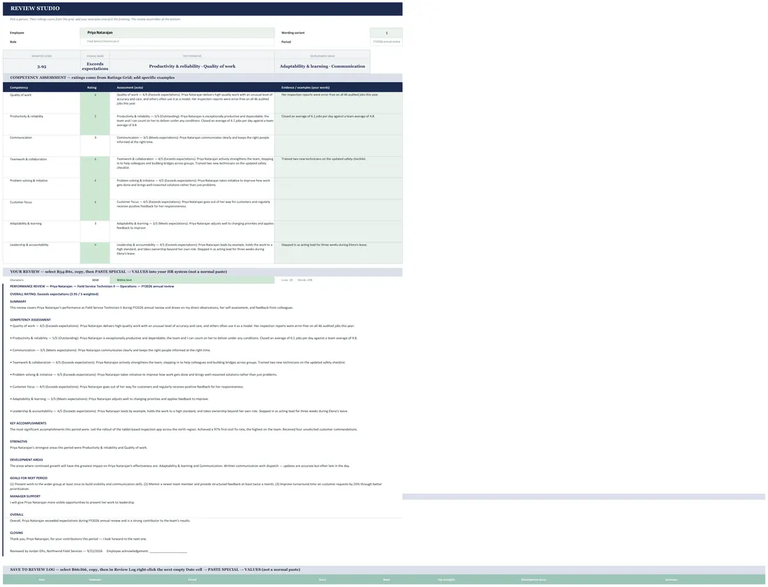 Performance Review Comment Generator — the workbook open in Excel