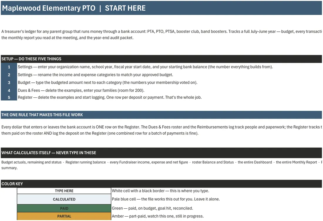 PTA and PTO Treasurer Spreadsheet screenshot