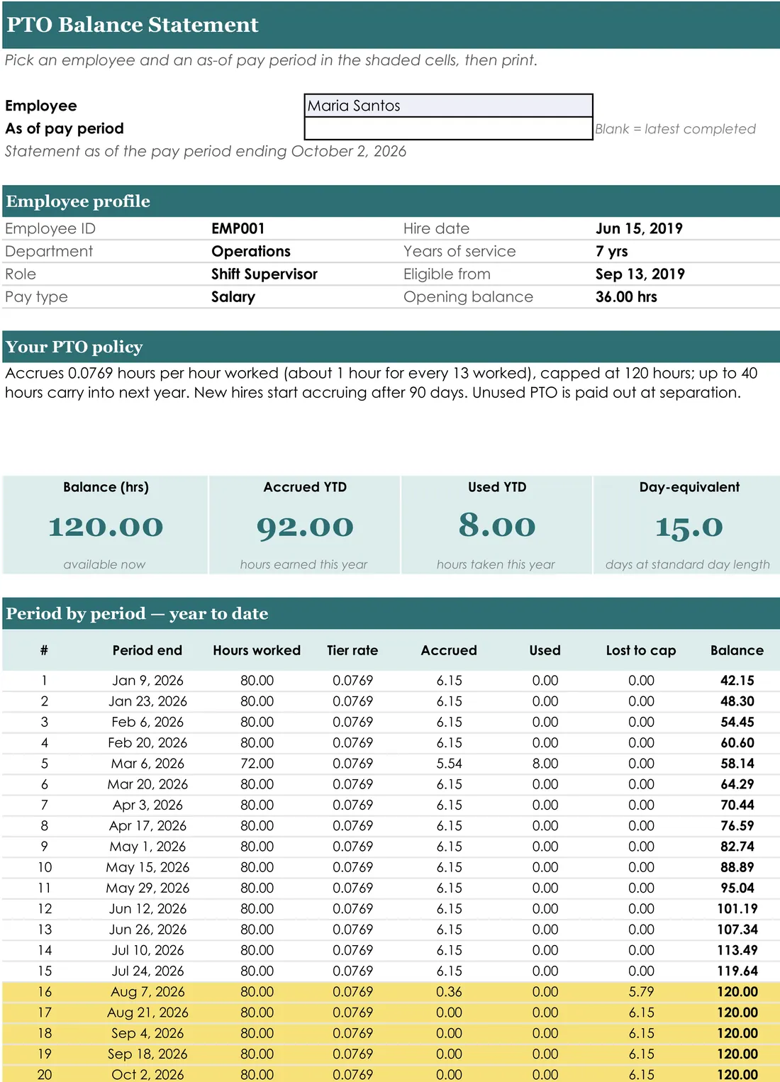 PTO Accrual Calculator for Hourly Employees screenshot