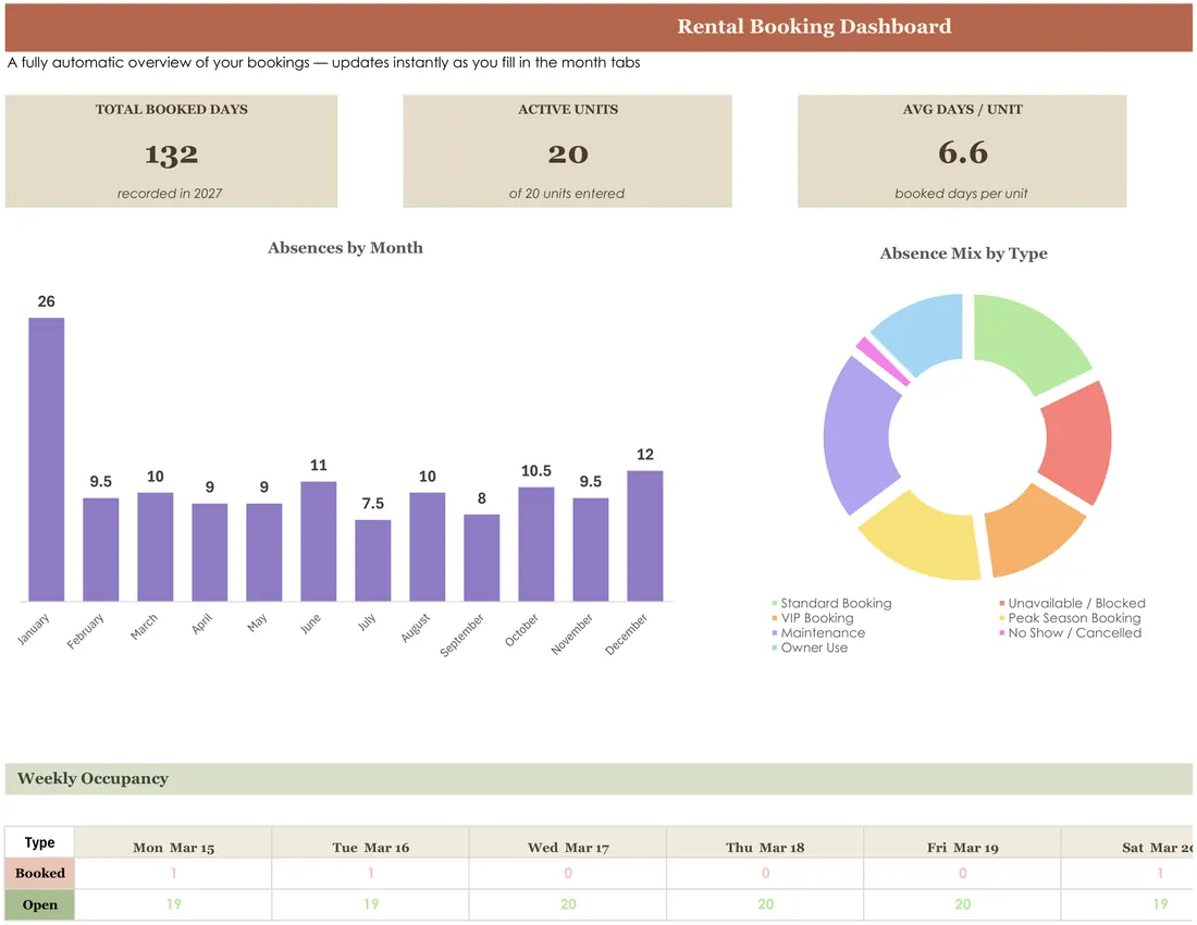 Rental Booking Calendar — the workbook open in Excel