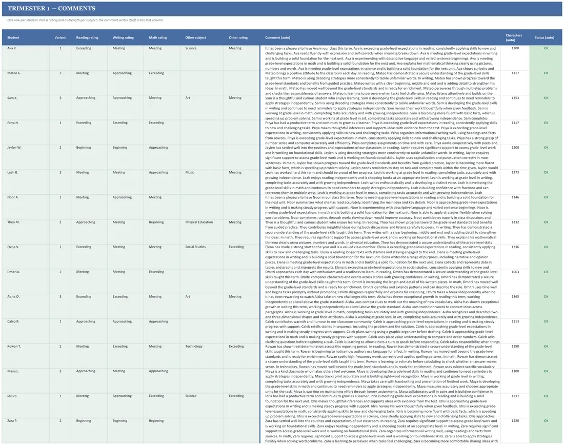 Report Card Comment Generator — the workbook open in Excel