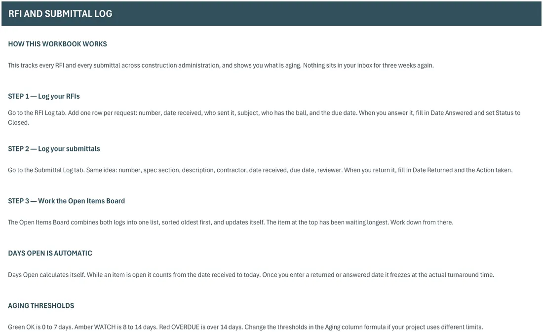 RFI and Submittal Log screenshot