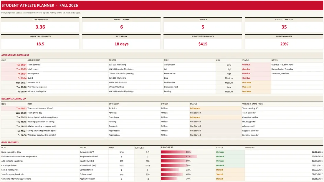 Student Athlete Planner — the workbook open in Excel