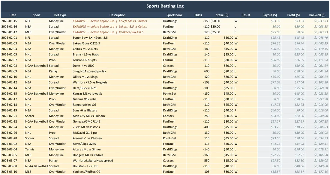 Sports Betting Tracker Spreadsheet screenshot