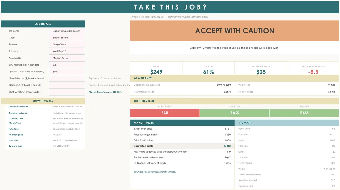 Cleaning Business Job Planner — the workbook open in Excel