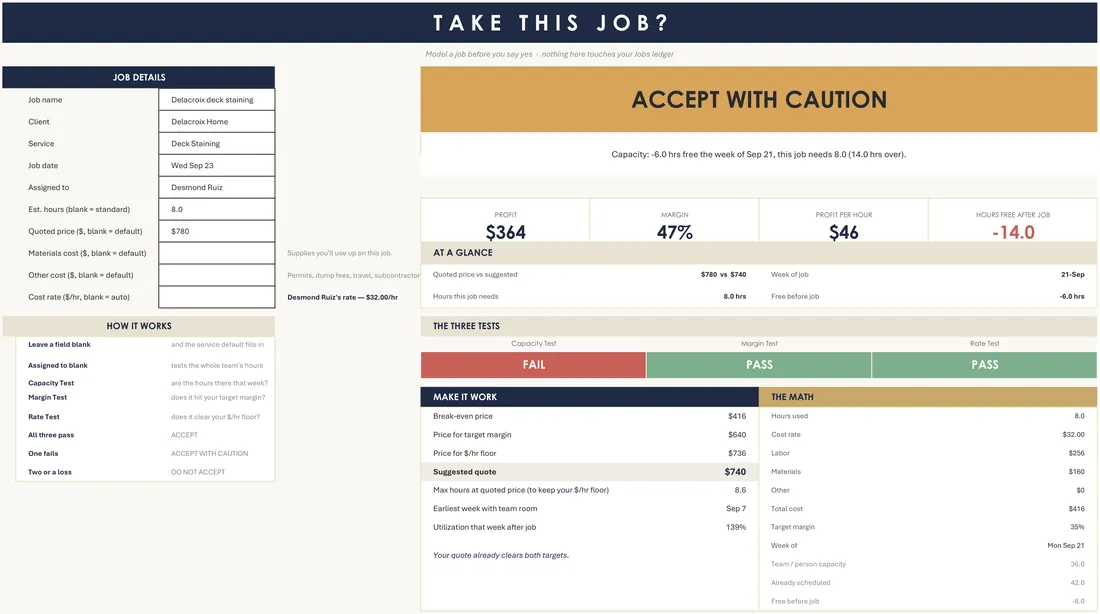 Service Business Job Planner — the workbook open in Excel