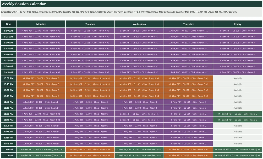 ABA Client and Provider Schedule Builder — the workbook open in Excel