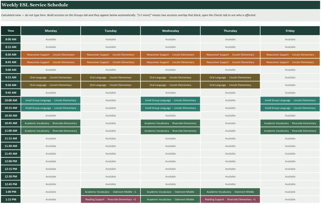 ESL and ELL Student Schedule Builder — the workbook open in Excel
