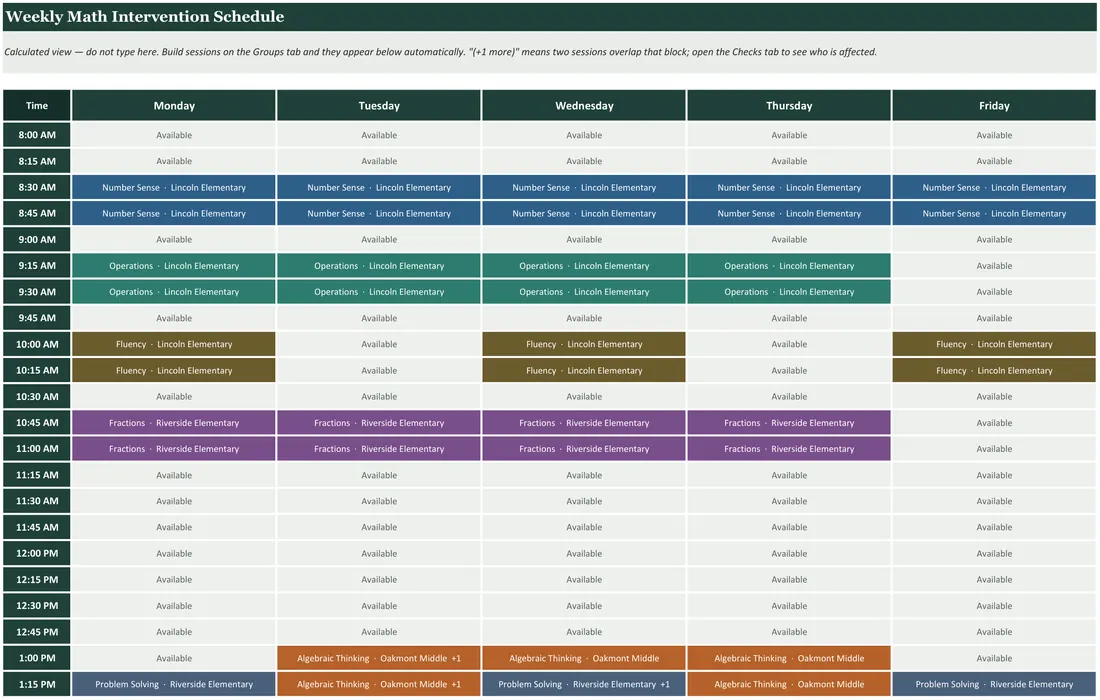 Math Intervention Schedule Builder — the workbook open in Excel