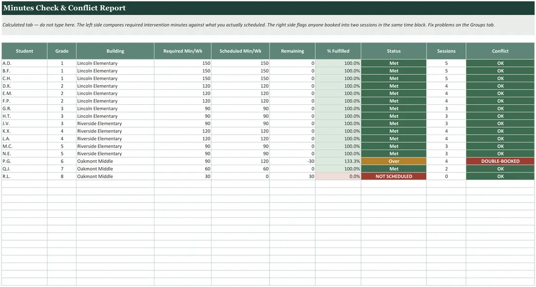 Math Intervention Schedule Builder screenshot