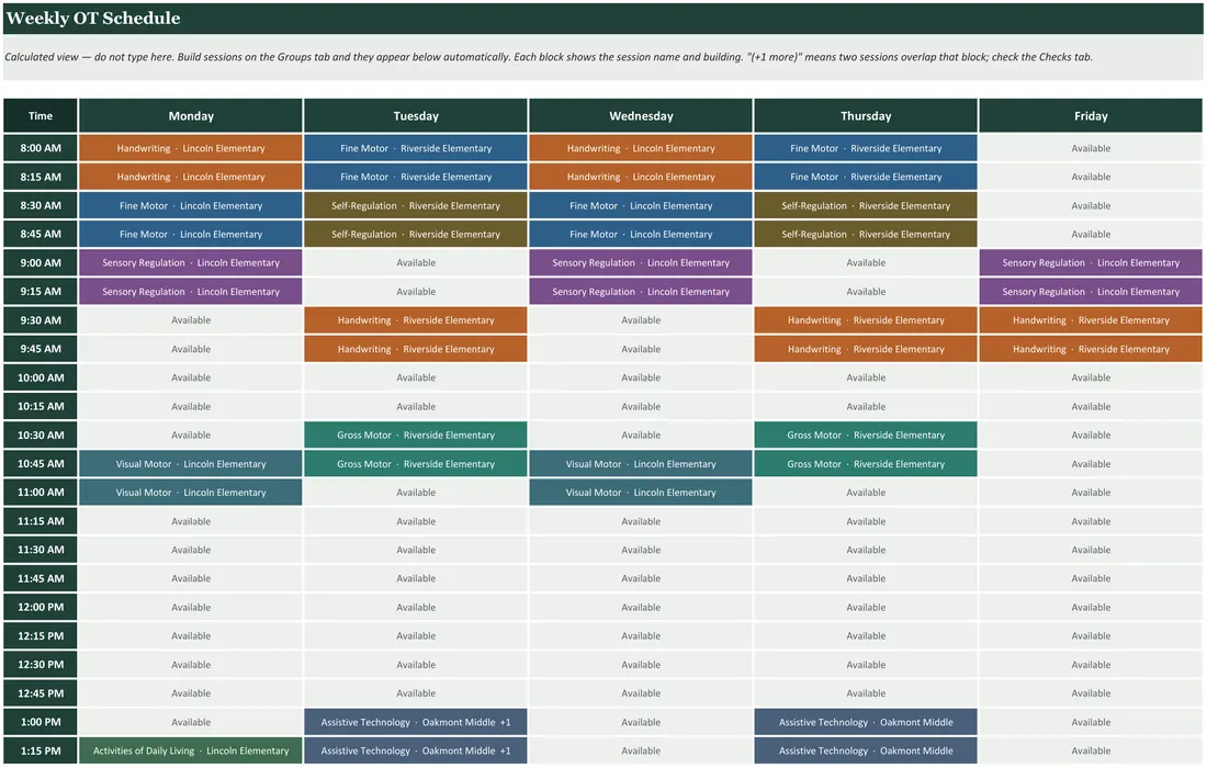 OT Schedule Builder — the workbook open in Excel