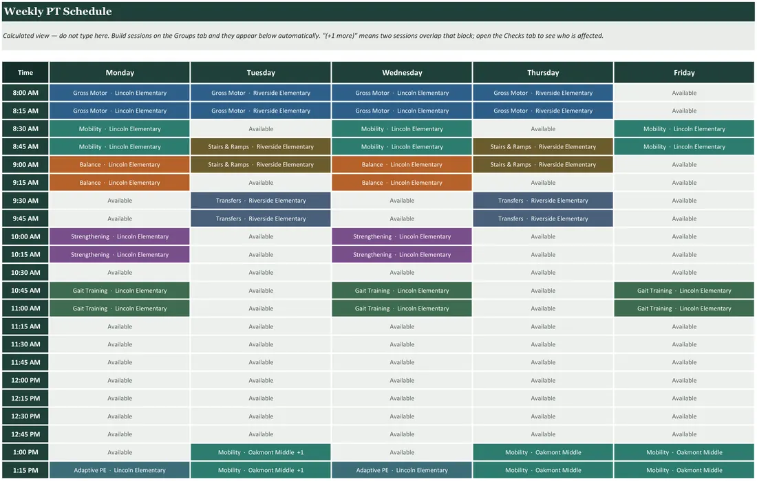 PT Group Schedule Builder — the workbook open in Excel