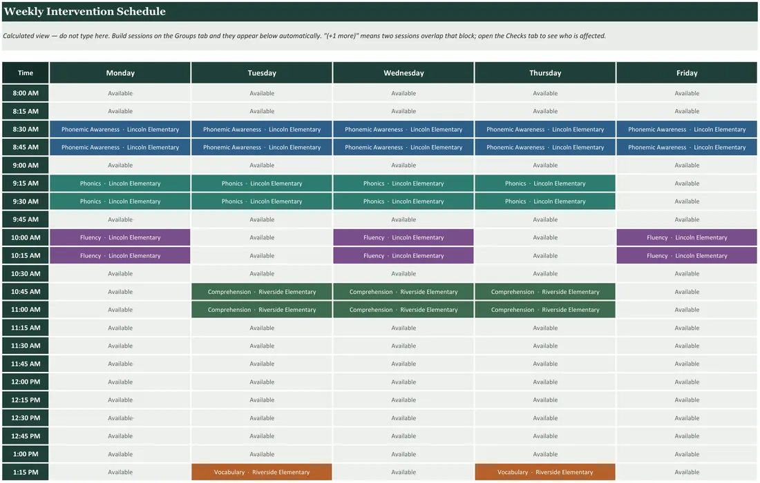 Reading Intervention Schedule Builder — the workbook open in Excel