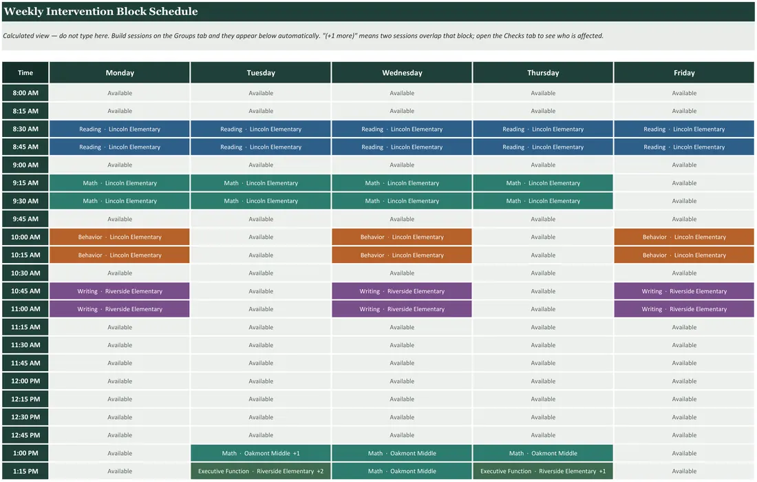 RTI and MTSS Intervention Schedule Builder — the workbook open in Excel