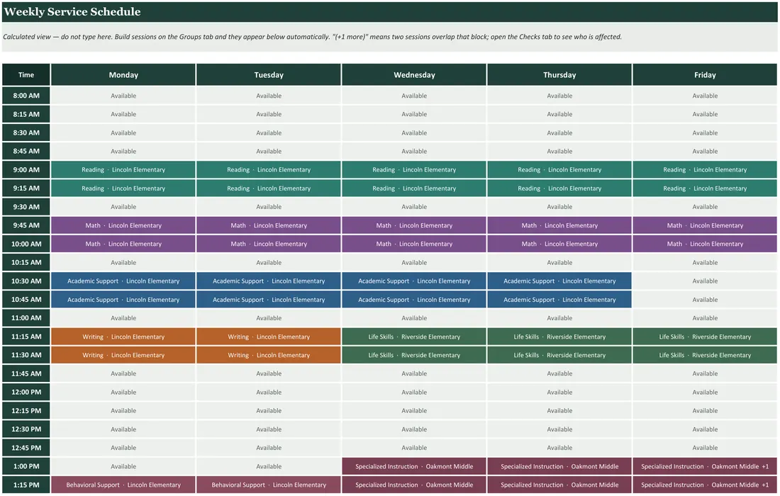 SPED Service Schedule Builder — the workbook open in Excel