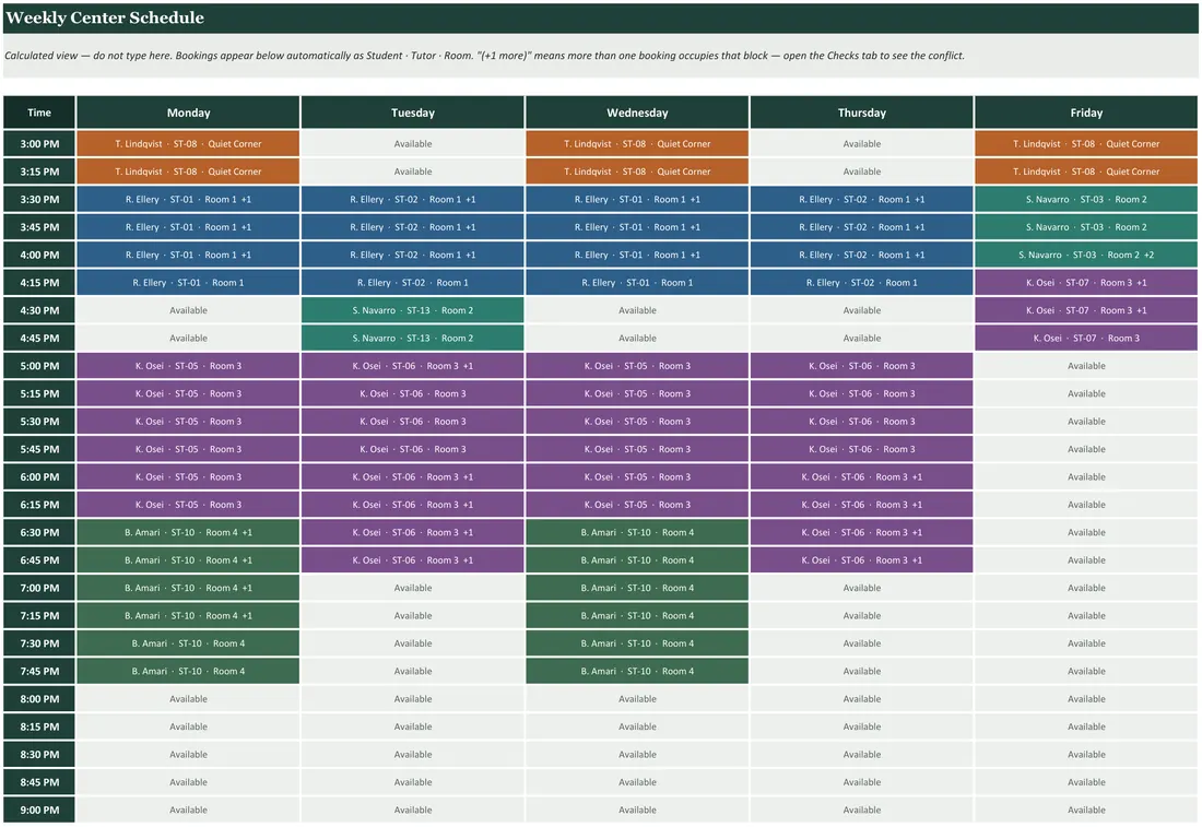 Tutoring Center Schedule Builder — the workbook open in Excel