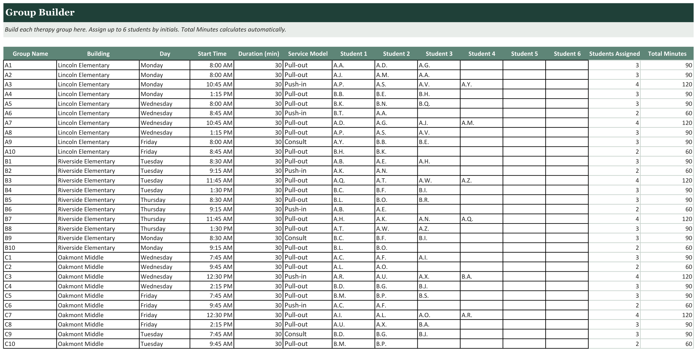 Speech Therapy Group Schedule Builder screenshot