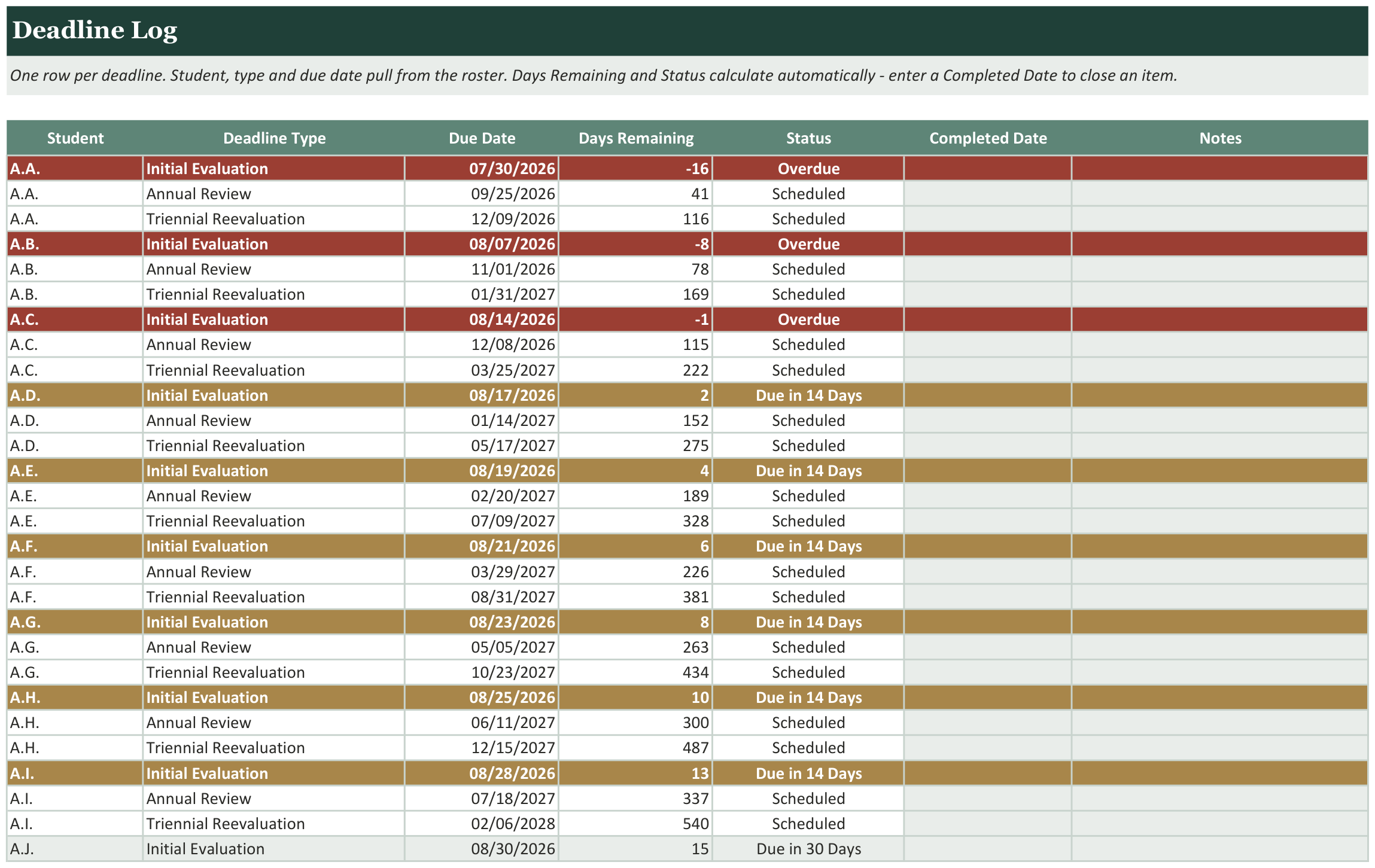 IEP Due Date Compliance Calendar screenshot