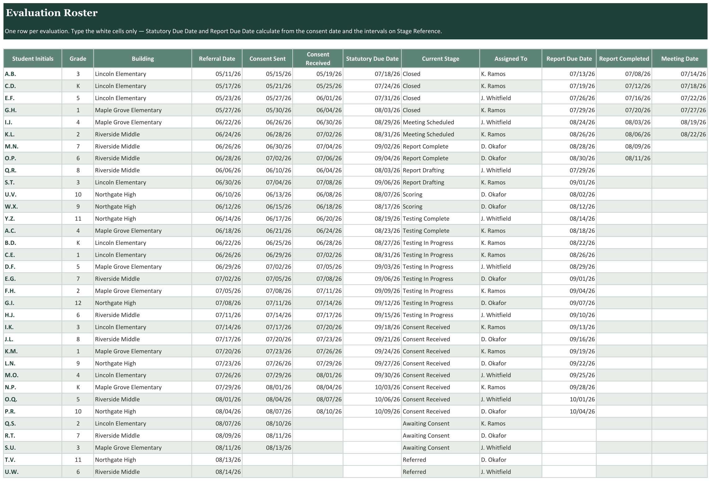 School Psychologist Evaluation Timeline Tracker screenshot
