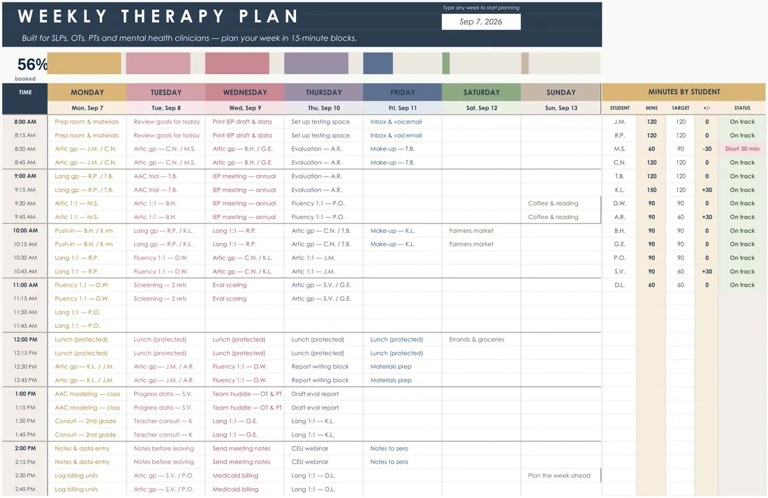 SLP Weekly Planner — the workbook open in Excel