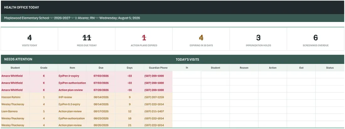 School Nurse Health Manager — the workbook open in Excel