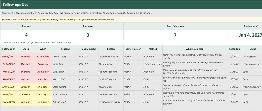 Parent Communication Log for Teachers — the workbook open in Excel