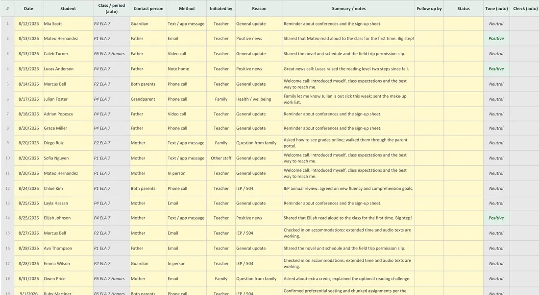Parent Communication Log for Teachers screenshot