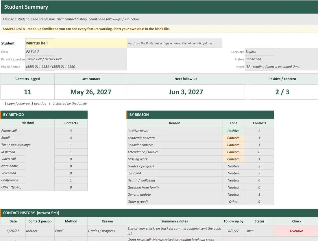 Parent Communication Log for Teachers screenshot