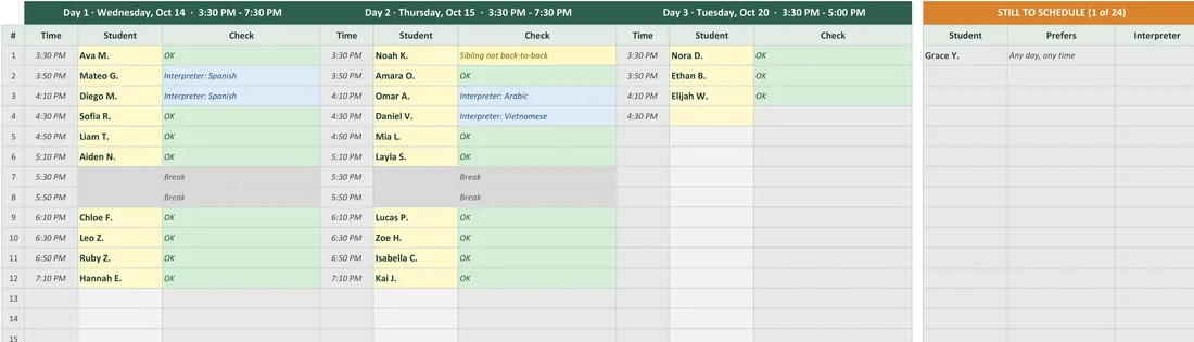 Parent-Teacher Conference Organizer — the workbook open in Excel