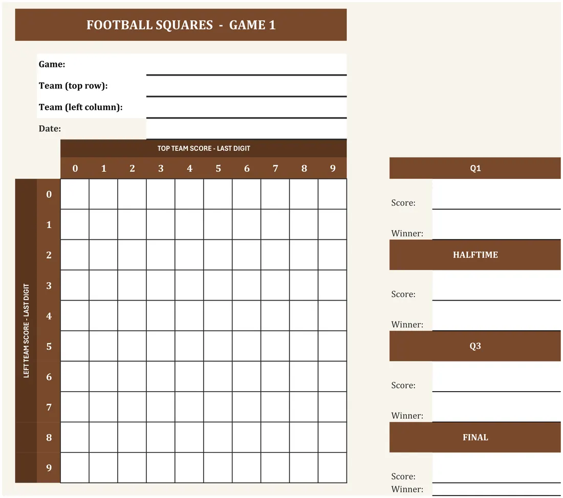 Football Squares Printable — the workbook open in Excel