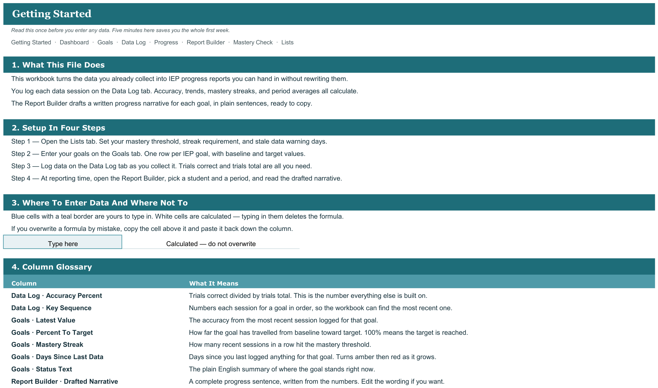 IEP Goal Data and Progress Report Tracker screenshot