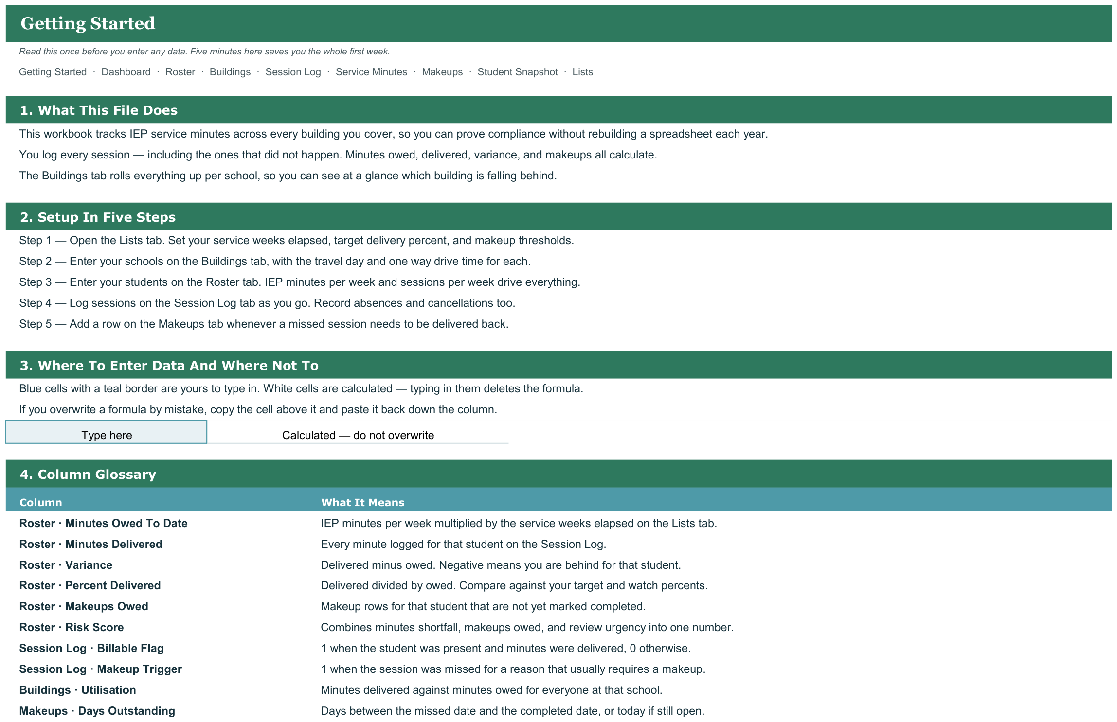 School Based OT Caseload and Service Minutes Tracker screenshot