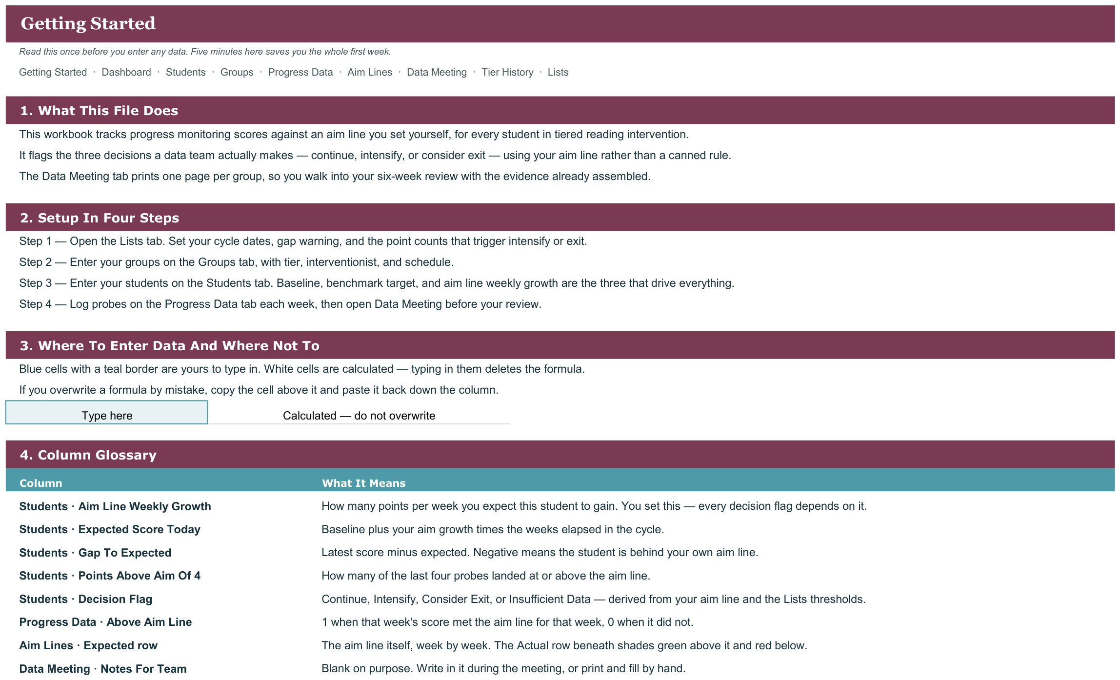 Reading Intervention and MTSS Progress Monitoring Tracker screenshot