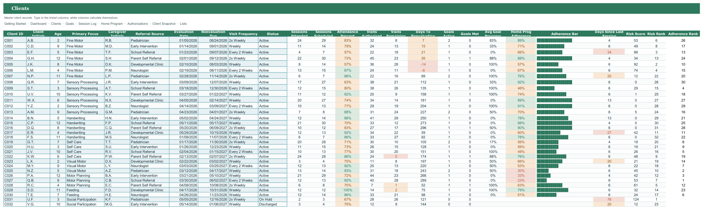 Pediatric OT Session and Intervention Tracker screenshot