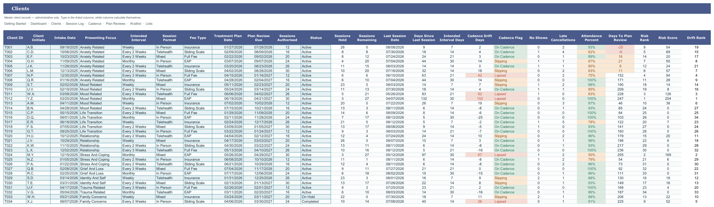Private Practice Therapist Caseload and Session Tracker screenshot