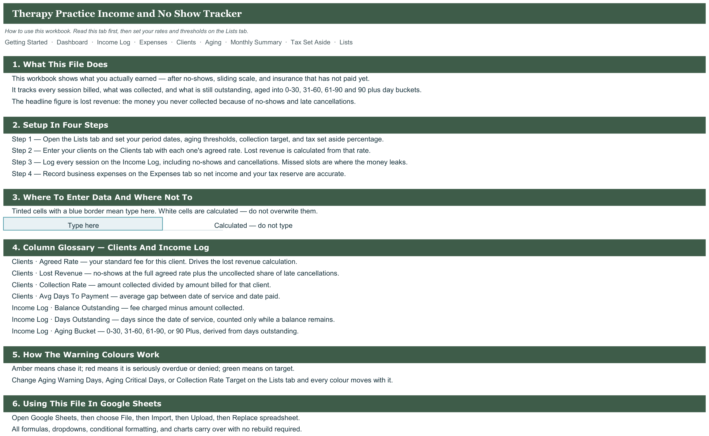 Therapy Practice Income and No Show Tracker screenshot