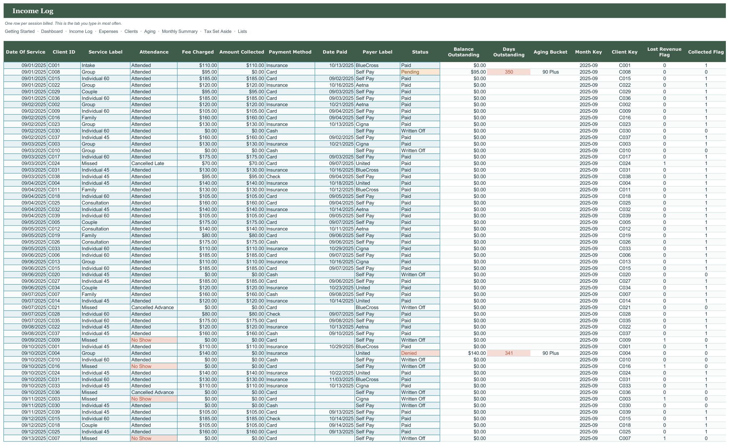 Therapy Practice Income and No Show Tracker screenshot