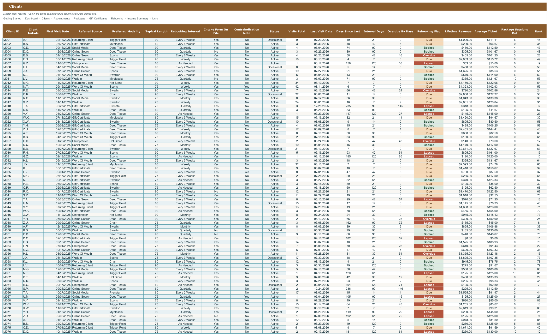 Massage Therapy Client and Package Tracker screenshot