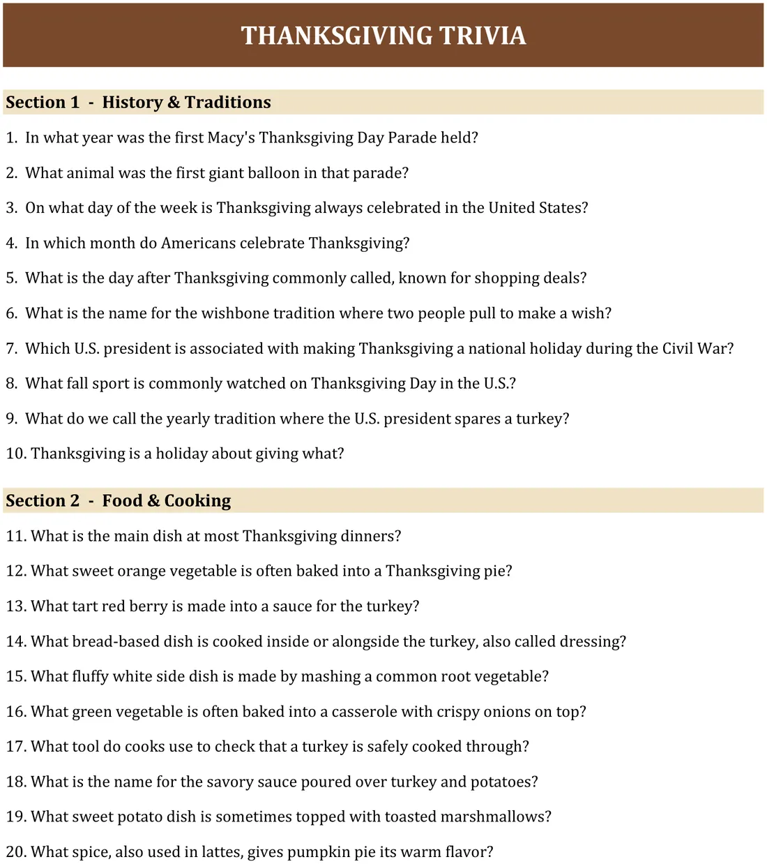 Thanksgiving Games for Kids — the workbook open in Excel