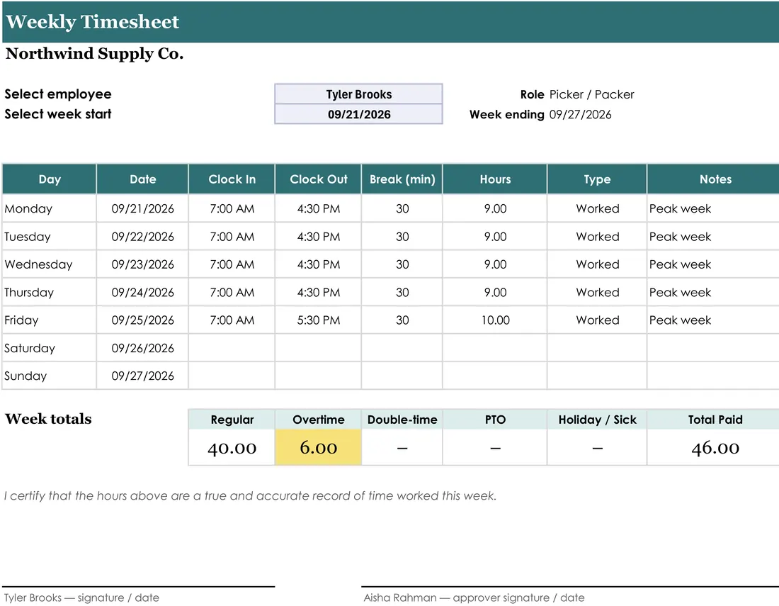 Employee Timesheet & Overtime Calculator screenshot
